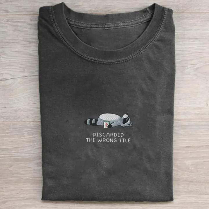 Embroidered Funny Mahjong Raccoon T-shirt